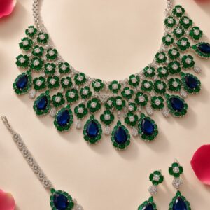 The Emerald And Sapphire Floral Majesty Teardrop Bridal Necklace Set-Platinum Finish