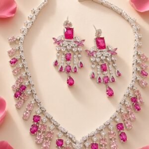 The Imperial Sunset Pink Sapphire And Diamond-Style Statement Necklace-Platinum Finish