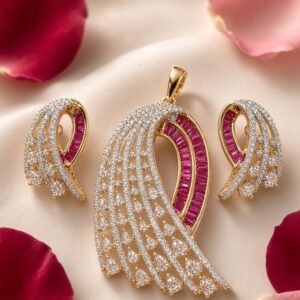 The Crimson Plume Ruby Baguette And Zirconia Pendant Set-Gold Finish