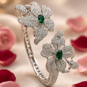 Imperial Verdant Dual Flower Diamond-Style Pavè Kada Bracelet-Platinum Finish
