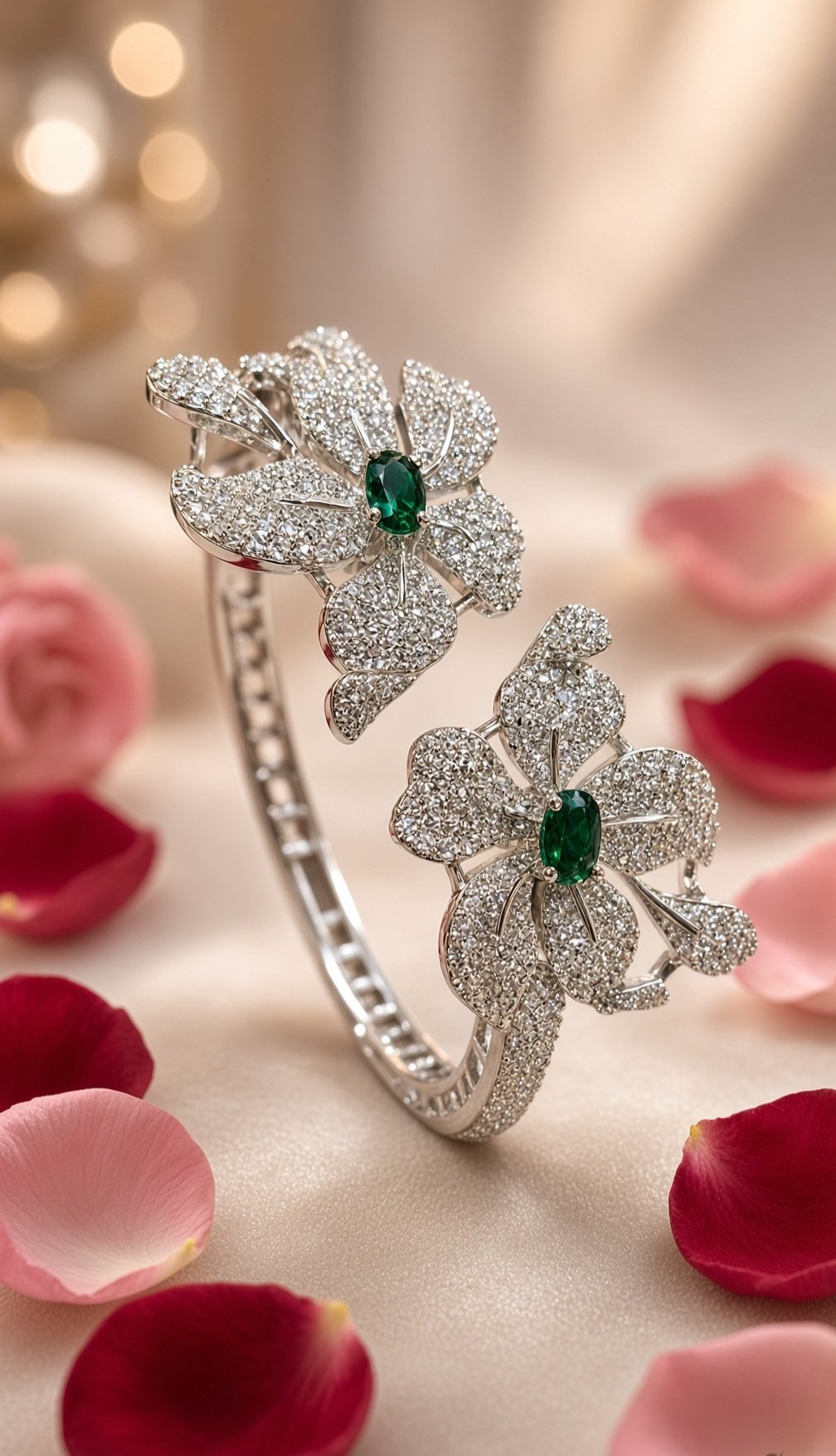 Imperial Verdant Dual Flower Diamond-Style Pavè Kada Bracelet-Platinum Finish