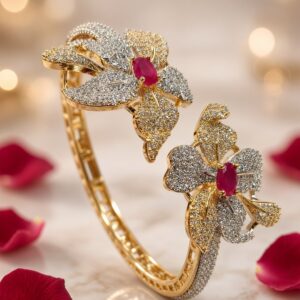 Imperial Flora Two-Tone Pavè Diamond-Style Oval Ruby Kada Bracelet-Gold Finish