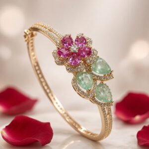 The Royal Orchid Ruby And Mint Green Floral Kada Bracelet-Gold Finish