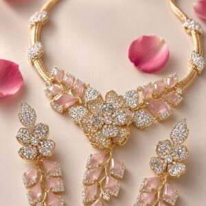 The Rosè Blossom And Peach Stone Bridal Choker Set-Gold Finish