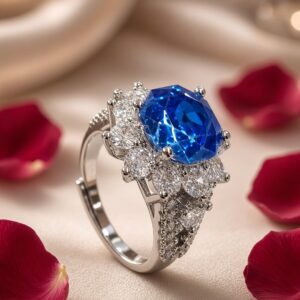 Aurelia Royal Blue Sapphire And Diamond-Style Cluster Adjustable Ring-Platinum Finish