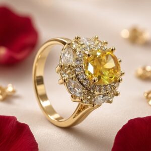 Solistice Gold Canary Yellow Double Halo Adjustable Ring-Gold Finish