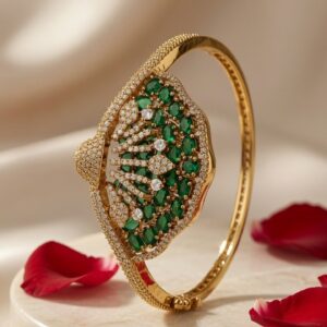 Aurelia Peacock Tail Emerald And Zirconia Kada Bracelet-Antique Finish