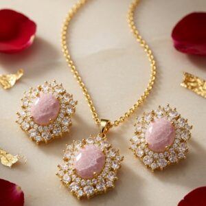 Imperial Pink Quartz Floral Cluster Pendant Set-Gold Finish