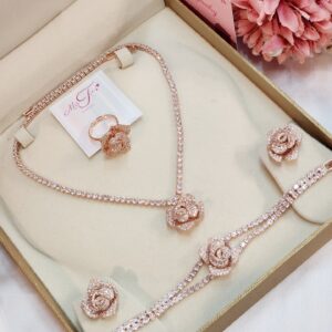 Stellar Zirconia Choker Necklace set With Earrings, Ring And Bracelet Combo- Rose Gold Finish