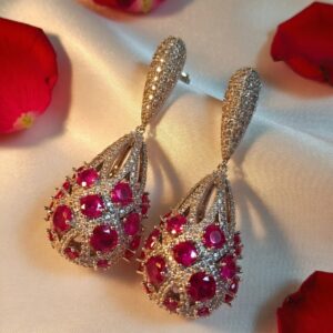 Three-dimensional Ruby Lattice Egg Earrings-Platinum Finish