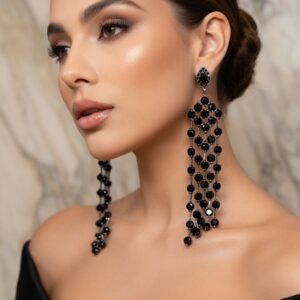 Ultra-Long Linked Black Spinel Linear Drop Earrings-Platinum Finish