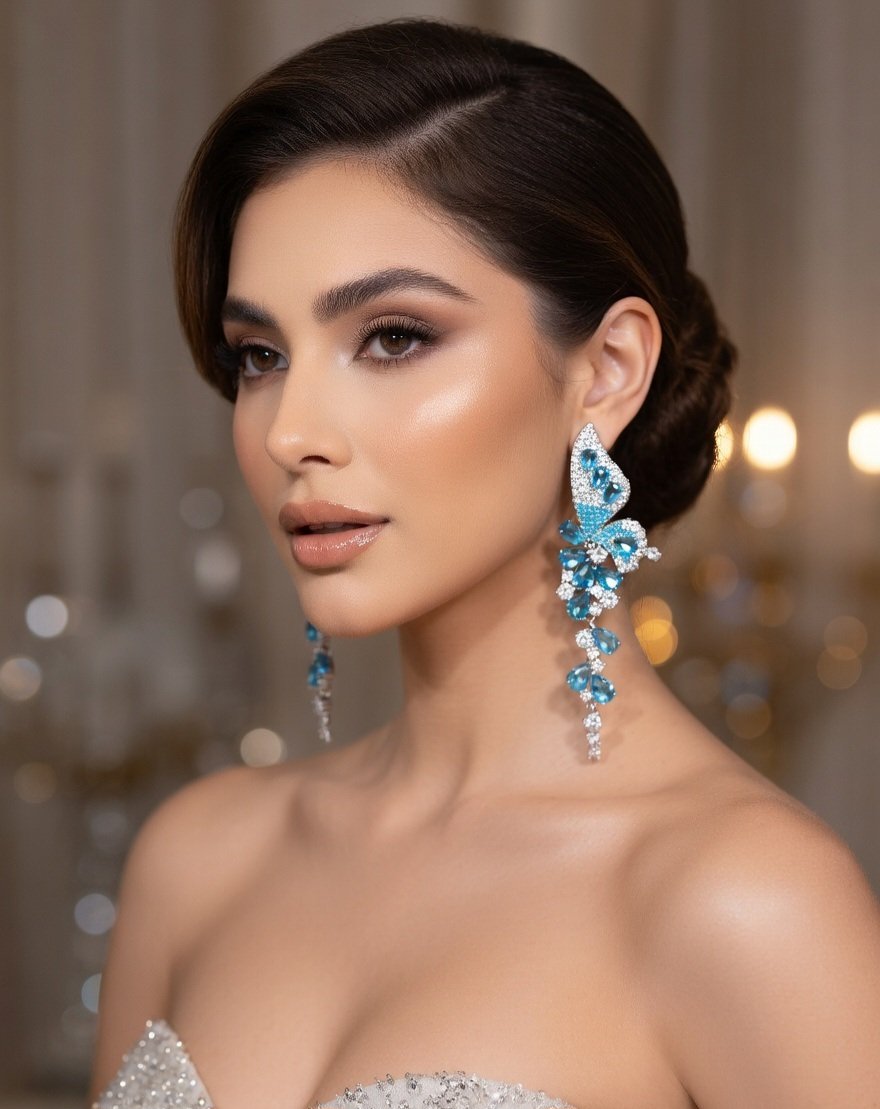 Vivid Blue Topaz And Crystal Wing Zirconia Earrings-Platinum Finish - Image 2
