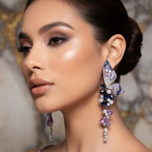 Vivid Purple Crystal Wing Multi-Shade Violet Earrings-Platinum Finish
