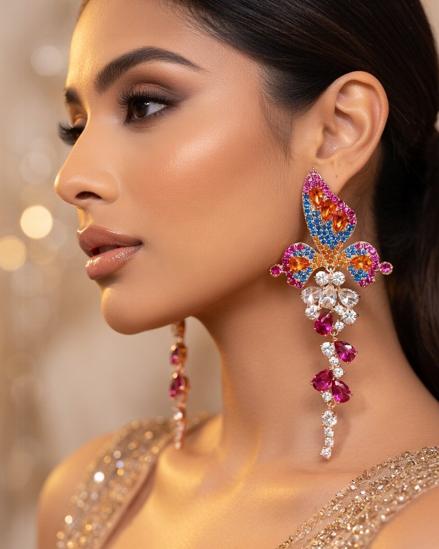 Mariposa Ombrè Sapphire And Ruby Butterfly Wing Earrings-Gold Finish - Image 2