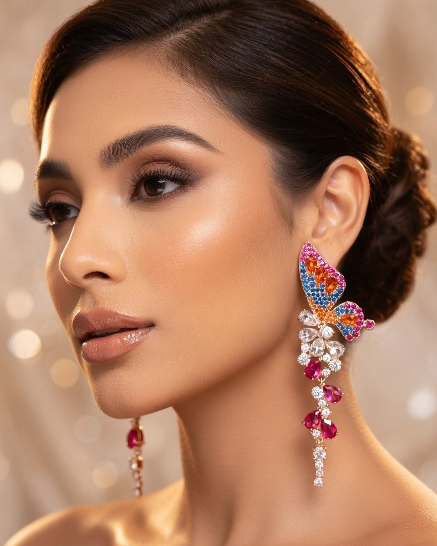 Mariposa Ombrè Sapphire And Ruby Butterfly Wing Earrings-Gold Finish