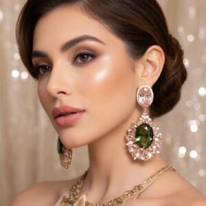 Antoinette Oval Emerald Dangle Emerald With Morganite Pink Earrings-Gold Finish