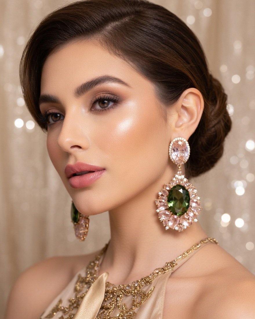 Antoinette Oval Emerald Dangle Emerald With Morganite Pink Earrings-Gold Finish