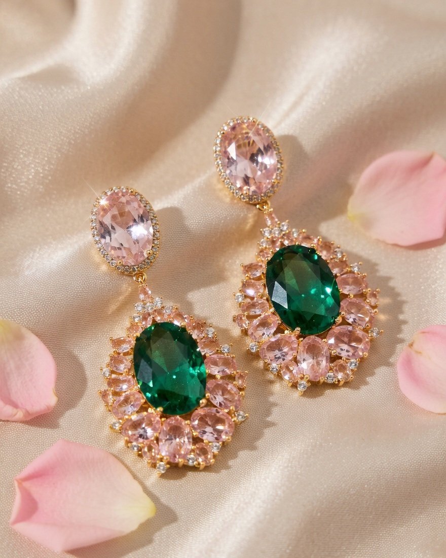 Antoinette Oval Emerald Dangle Emerald With Morganite Pink Earrings-Gold Finish - Image 3