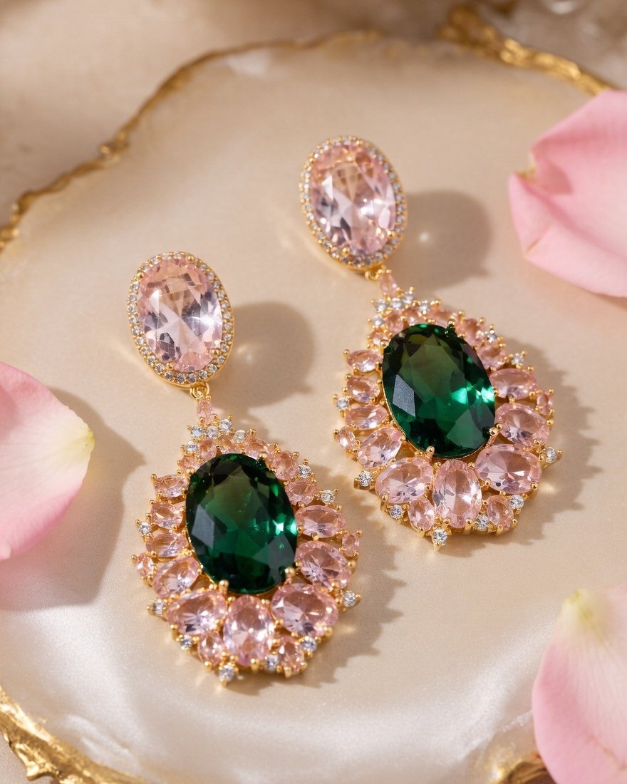 Antoinette Oval Emerald Dangle Emerald With Morganite Pink Earrings-Gold Finish - Image 2