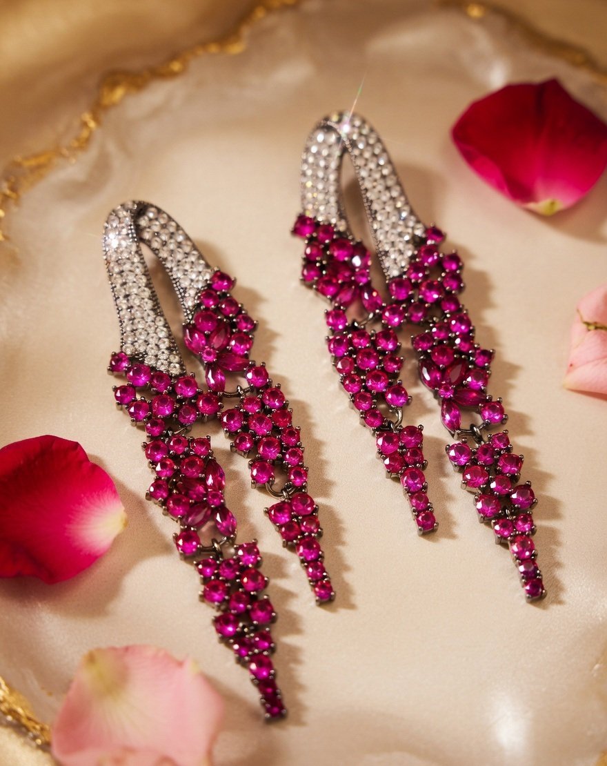 Scarlet Noir Avant-Garde Geometric Ruby Drop Earrings-Black Rhodium Finish - Image 3