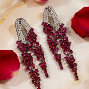 Scarlet Noir Avant-Garde Geometric Ruby Drop Earrings-Black Rhodium Finish