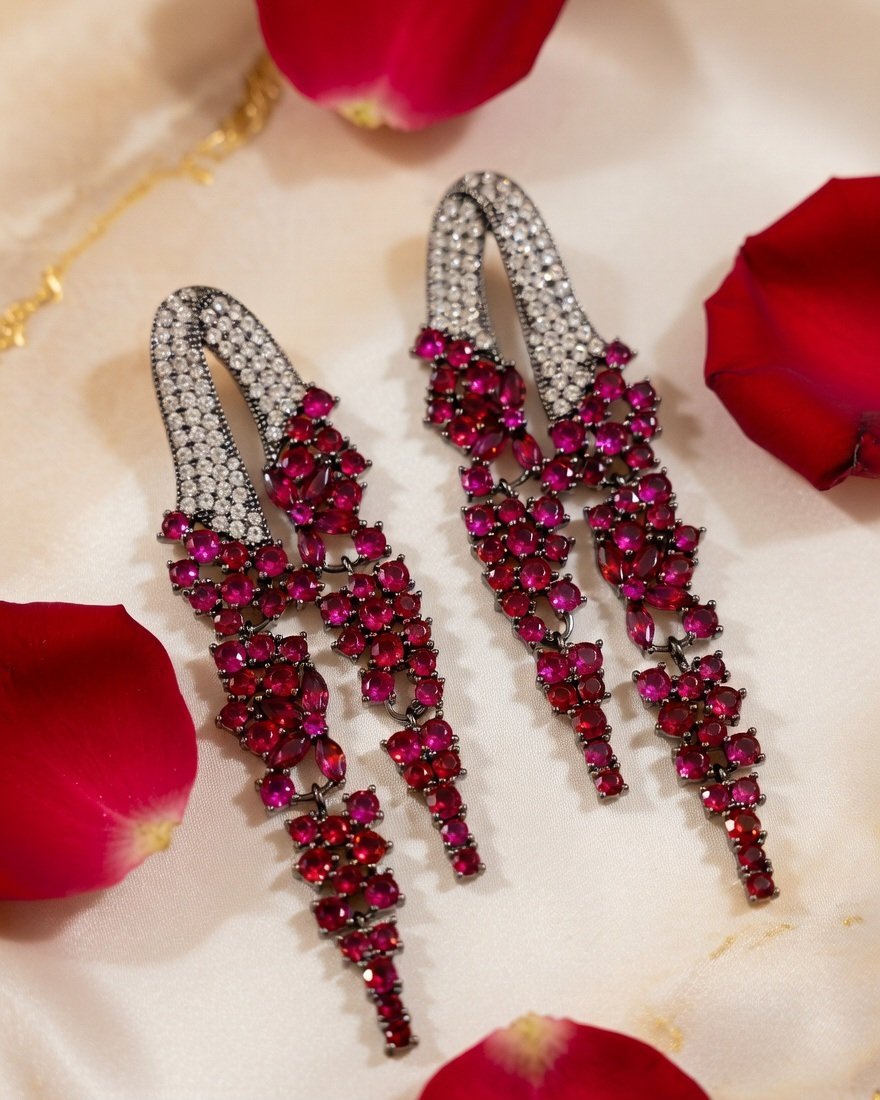 Scarlet Noir Avant-Garde Geometric Ruby Drop Earrings-Black Rhodium Finish