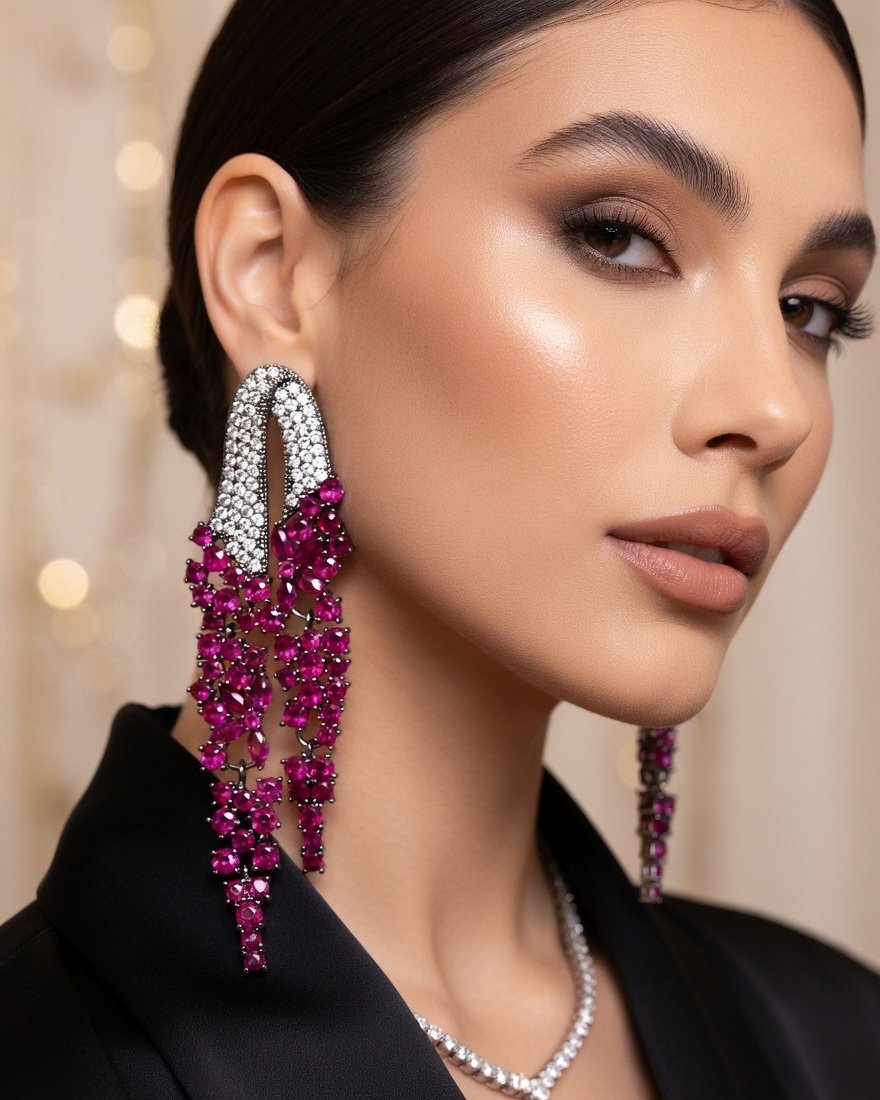 Scarlet Noir Avant-Garde Geometric Ruby Drop Earrings-Black Rhodium Finish - Image 2