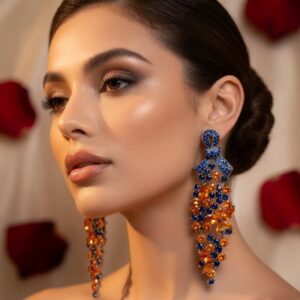 Sapphire Blue Bow And Citrine Orange Chandelier Earrings-Platinum Finish