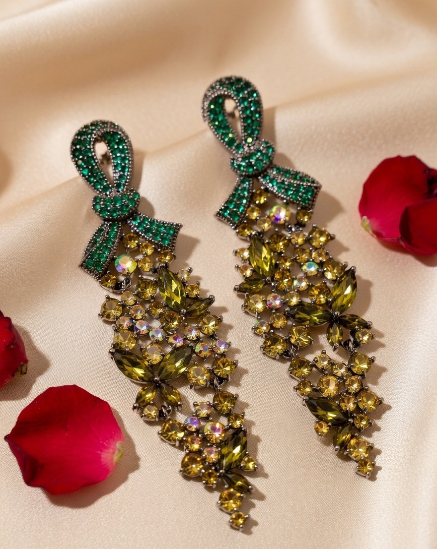Verdant Gilded Bow Luxury Green And Topaz Drop Earrings-Black Rhodium Finish - Image 3