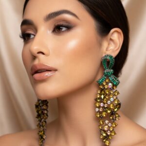 Verdant Gilded Bow Luxury Green And Topaz Drop Earrings-Black Rhodium Finish