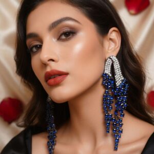 Cobalt Horizon Geometric Arch Dangle Earrings With Diamond Pavè Top-Black Rhodium Finish
