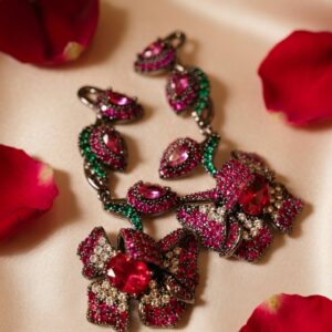 Luxury Pink And Ruby Gemstone Cascading Flower Earrings-Black Rhodium Finish