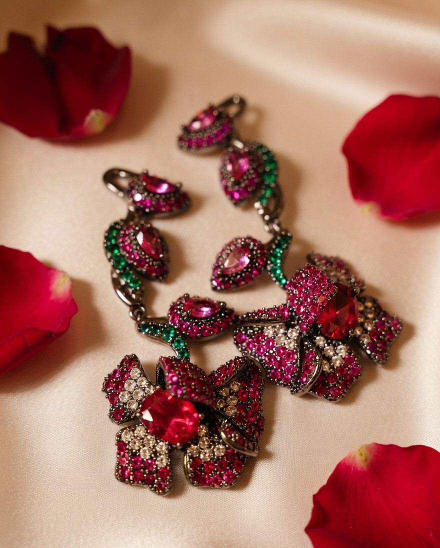 Luxury Pink And Ruby Gemstone Cascading Flower Earrings-Black Rhodium Finish