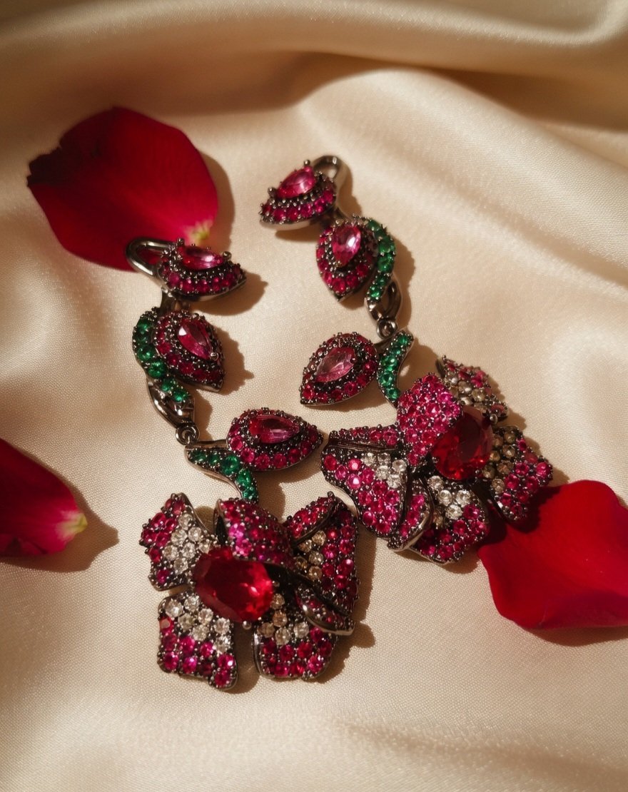 Luxury Pink And Ruby Gemstone Cascading Flower Earrings-Black Rhodium Finish - Image 2
