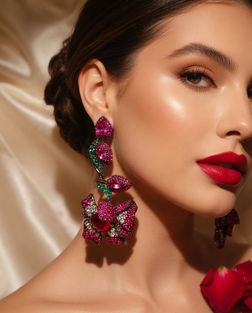 Luxury Pink And Ruby Gemstone Cascading Flower Earrings-Black Rhodium Finish - Image 3