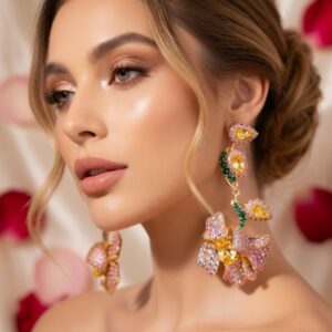 Citrine Yellow And Pink Crystal Floral Vine Earrings-Gold Finish