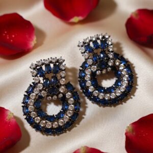 Royal Cobalt Concentric Halo Door-Knocker Earrings-Black Rhodium Finish