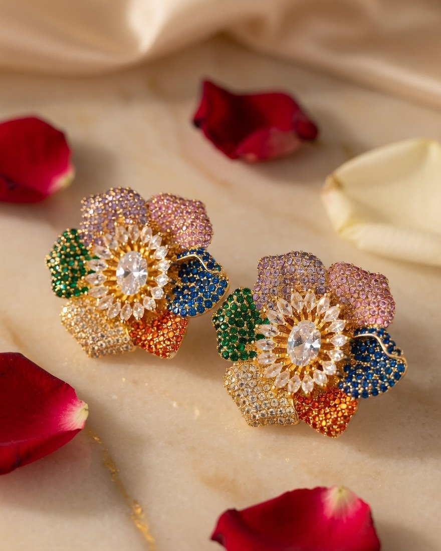 Luxury Pavè Gemstone Sunflower Zirconia Studs-Gold Finish - Image 2