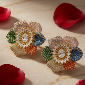 Luxury Pavè Gemstone Sunflower Zirconia Studs-Gold Finish