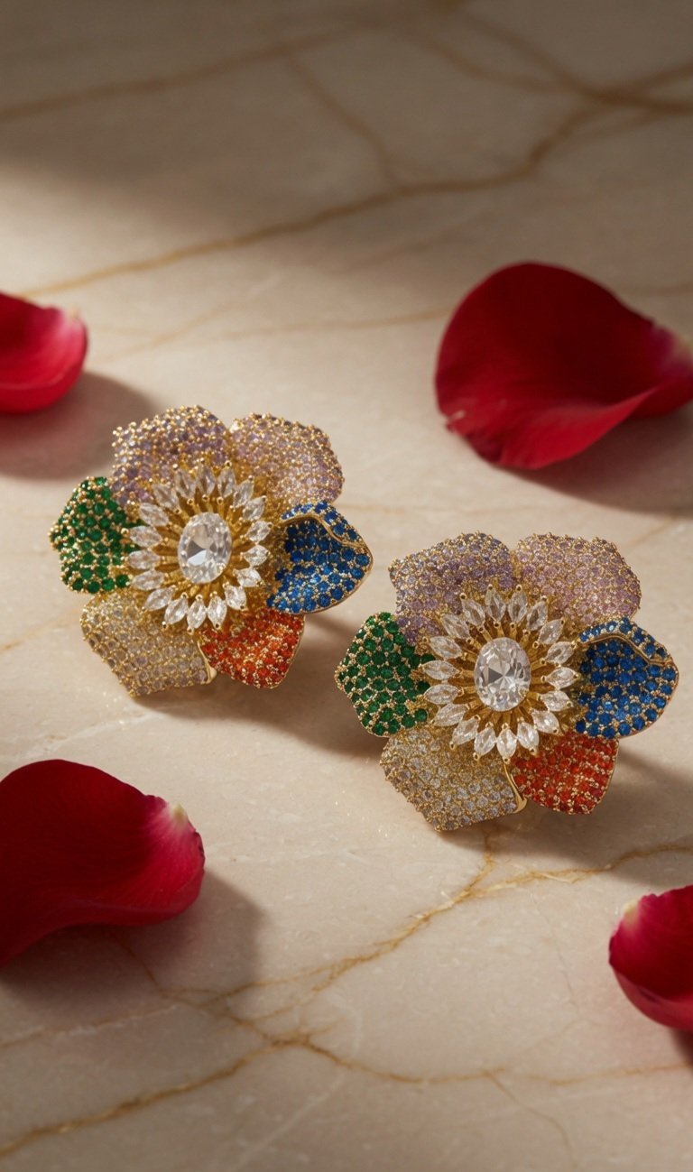 Luxury Pavè Gemstone Sunflower Zirconia Studs-Gold Finish
