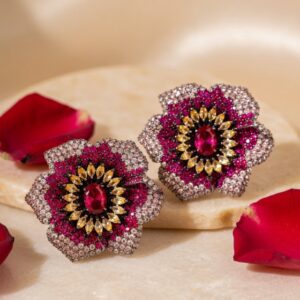 Two-Tone Pavè Ruby And Diamond-Style Floral Halo Botanical Studs-Gold Finish