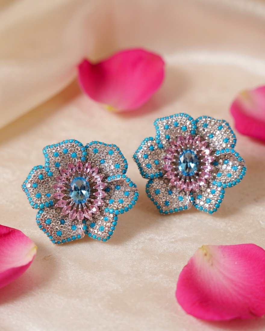 Luxury Platinum Aquamarine And Turquoise Flower Studs-Platinum Finish - Image 2