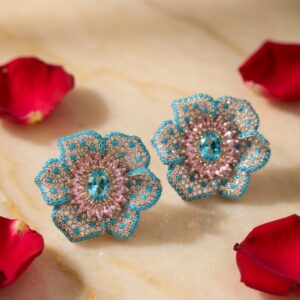 Luxury Platinum Aquamarine And Turquoise Flower Studs-Platinum Finish
