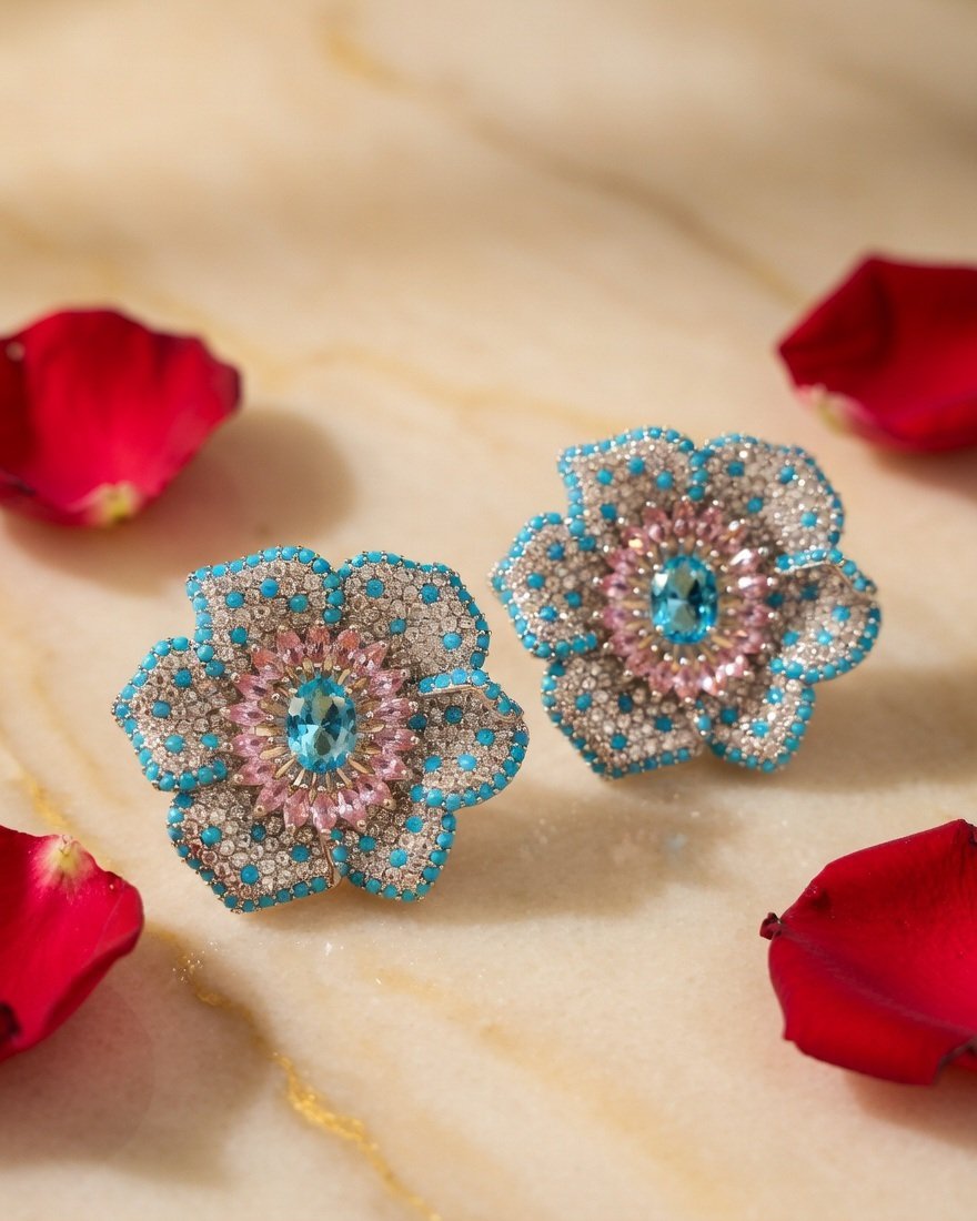 Luxury Platinum Aquamarine And Turquoise Flower Studs-Platinum Finish