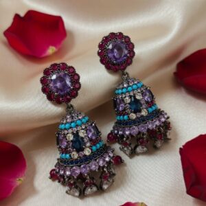 Antiqued Gunmetal Amethyst And Turquoise Bell Earrings-Black Rhodium Finish