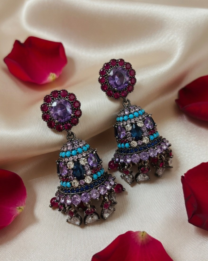 Antiqued Gunmetal Amethyst And Turquoise Bell Earrings-Black Rhodium Finish
