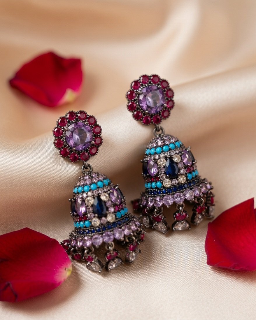 Antiqued Gunmetal Amethyst And Turquoise Bell Earrings-Black Rhodium Finish - Image 2