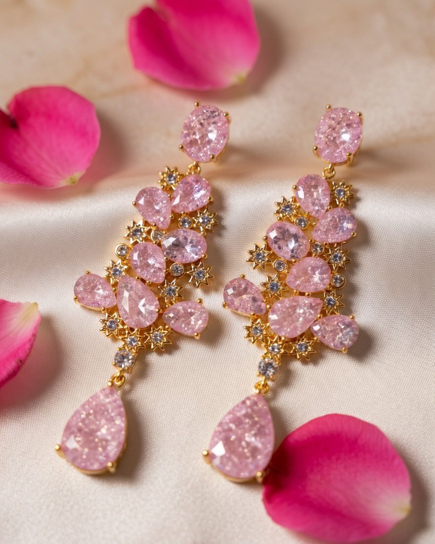 Luxury Pear-Cut Pink Sapphire Zirconia Drop Earrings-Gold Finish