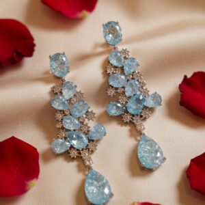 White Gold Pear-Cut Light Blue Chandelier Drop Earrings-Platinum Finish