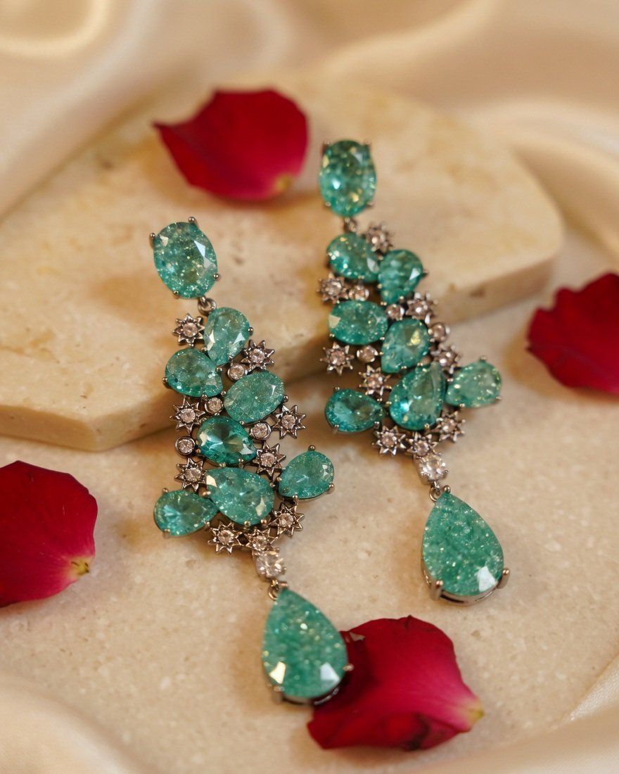 Luxury Platinum Mint Paraiba Chandelier Drop Earrings-Platinum Finish